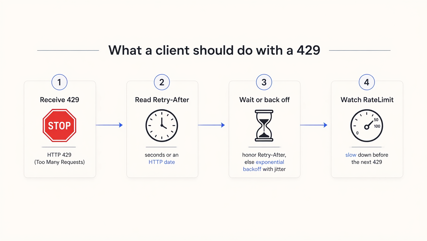 Four-step diagram of what a client should do with a 429: receive it, read Retry-After, wait or back off with jitter, then watch RateLimit