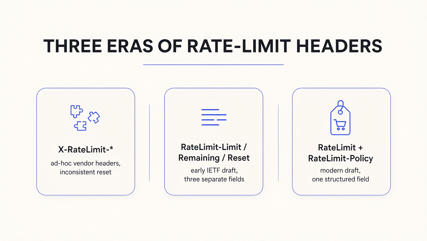 Infographic: three eras of rate-limit headers, from ad-hoc X-RateLimit-* to the three-field IETF draft to the modern structured RateLimit plus RateLimit-Policy