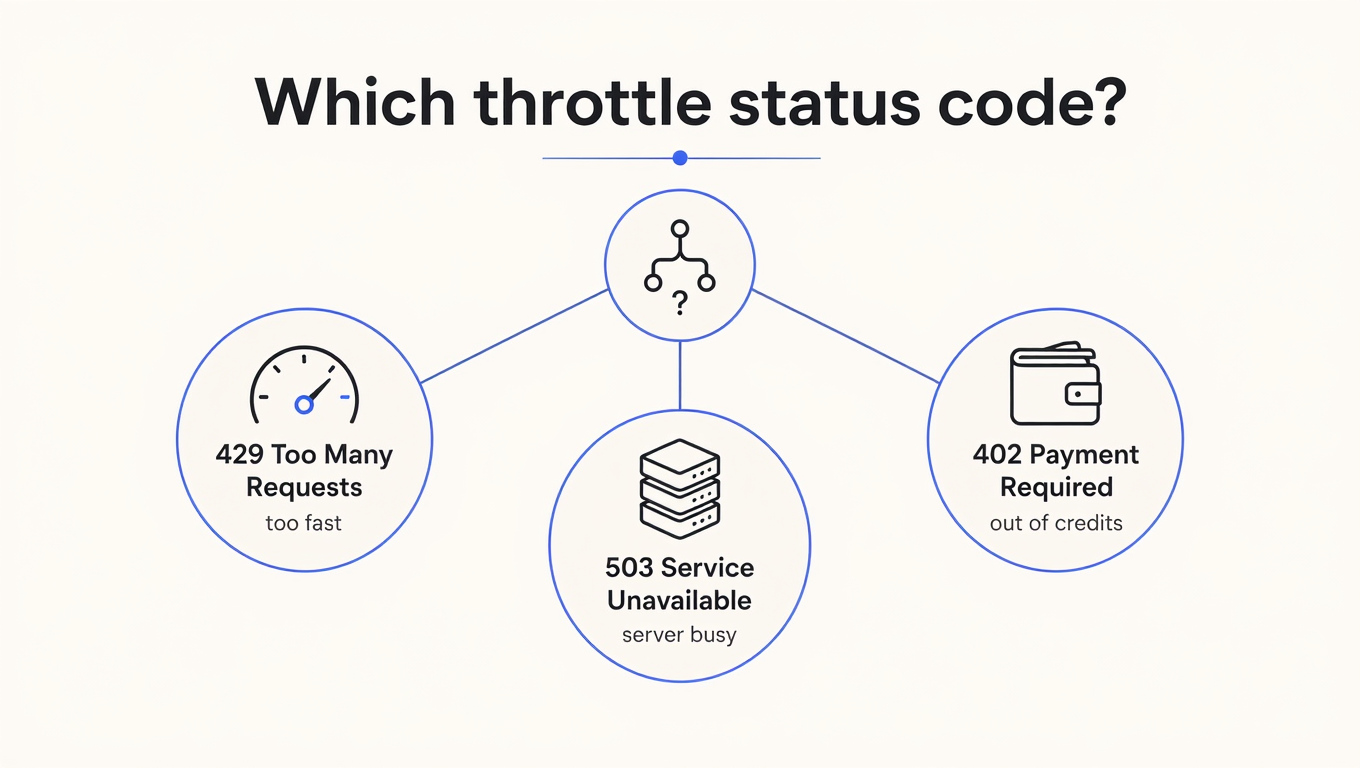 Decision infographic: which throttle status code to return, comparing 429 Too Many Requests, 503 Service Unavailable, and 402 Payment Required