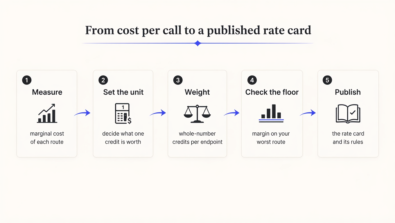 Five-step process diagram: measure marginal cost per route, set what one credit is worth, weight routes in whole numbers, check the margin on your worst route, publish the rate card and its rules.