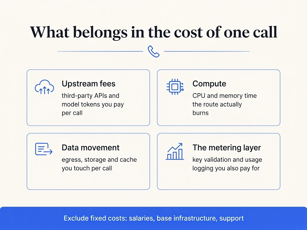 Infographic showing the four components of per-call cost: upstream fees, compute, data movement and the metering layer, with fixed costs such as salaries and base infrastructure explicitly excluded.