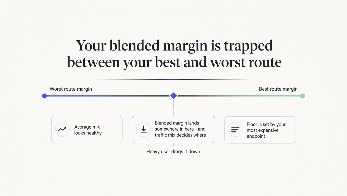 Infographic showing blended margin bounded between the worst route's margin and the best route's margin, with traffic mix deciding only where inside that band a customer lands.