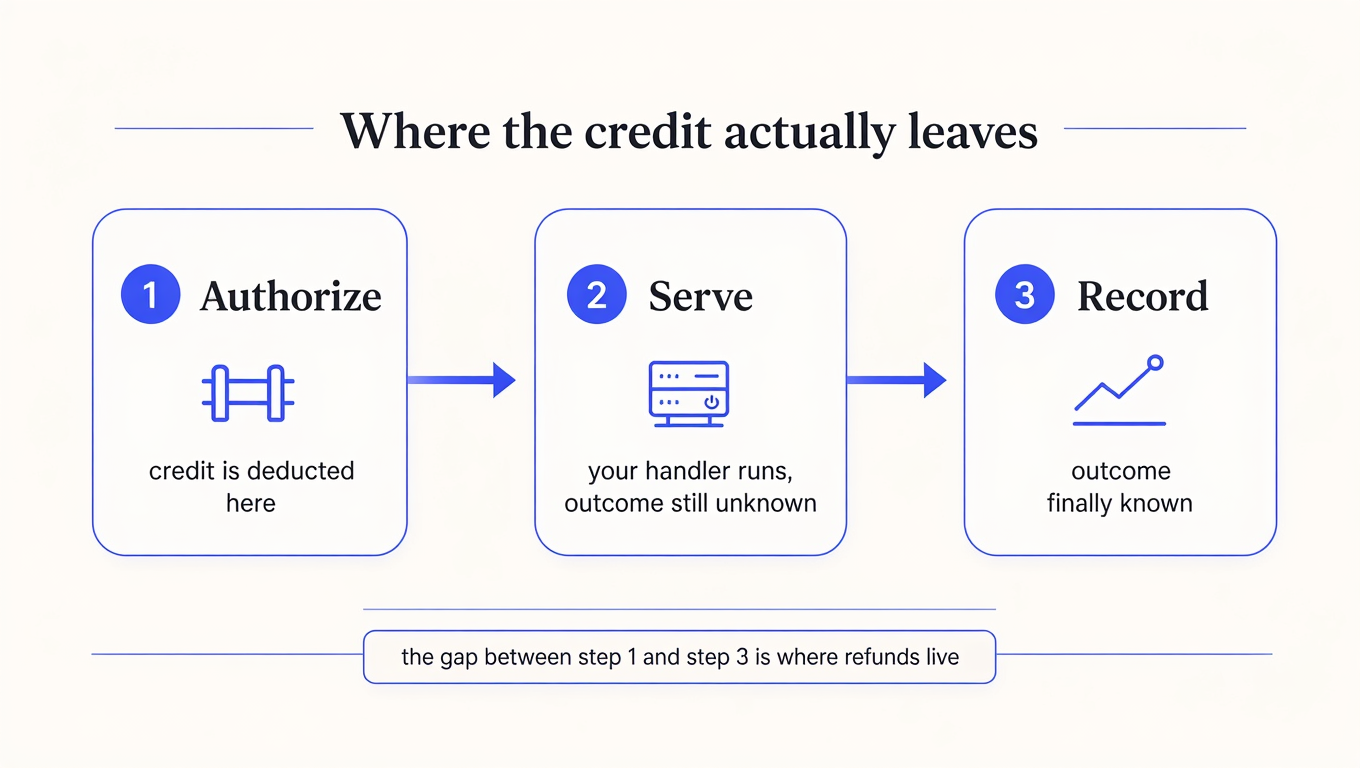 Three-step diagram: Authorize deducts the credit, Serve runs the handler with the outcome unknown, Record learns the outcome
