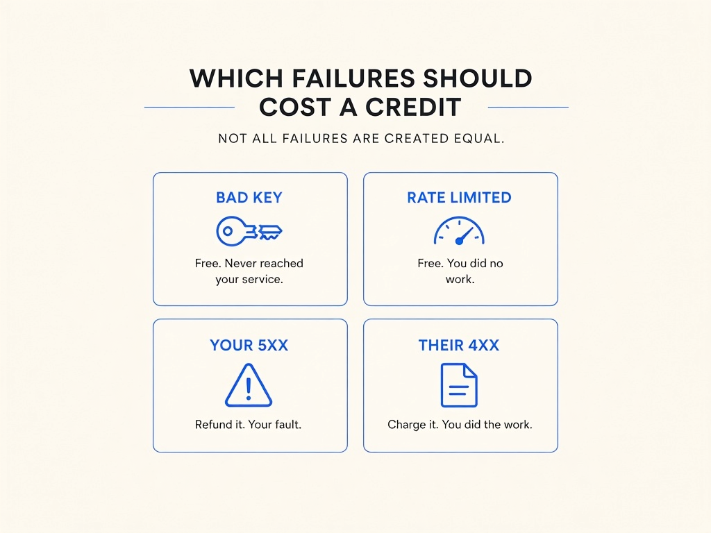 Infographic showing four failure categories and whether each should cost a credit: bad key free, rate limited free, your 5xx refund, their 4xx charge