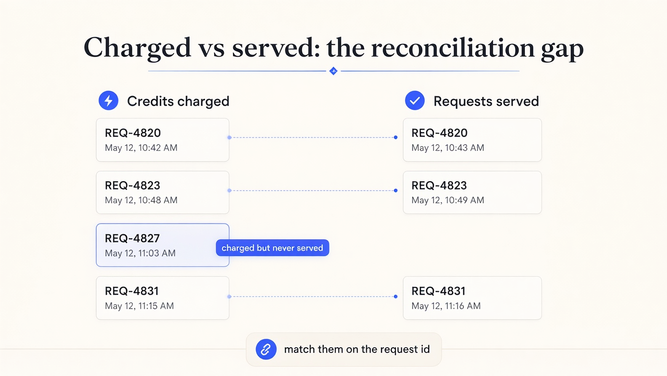 Infographic comparing a list of charged credits against served requests, with one charged entry highlighted as never served, matched on request id