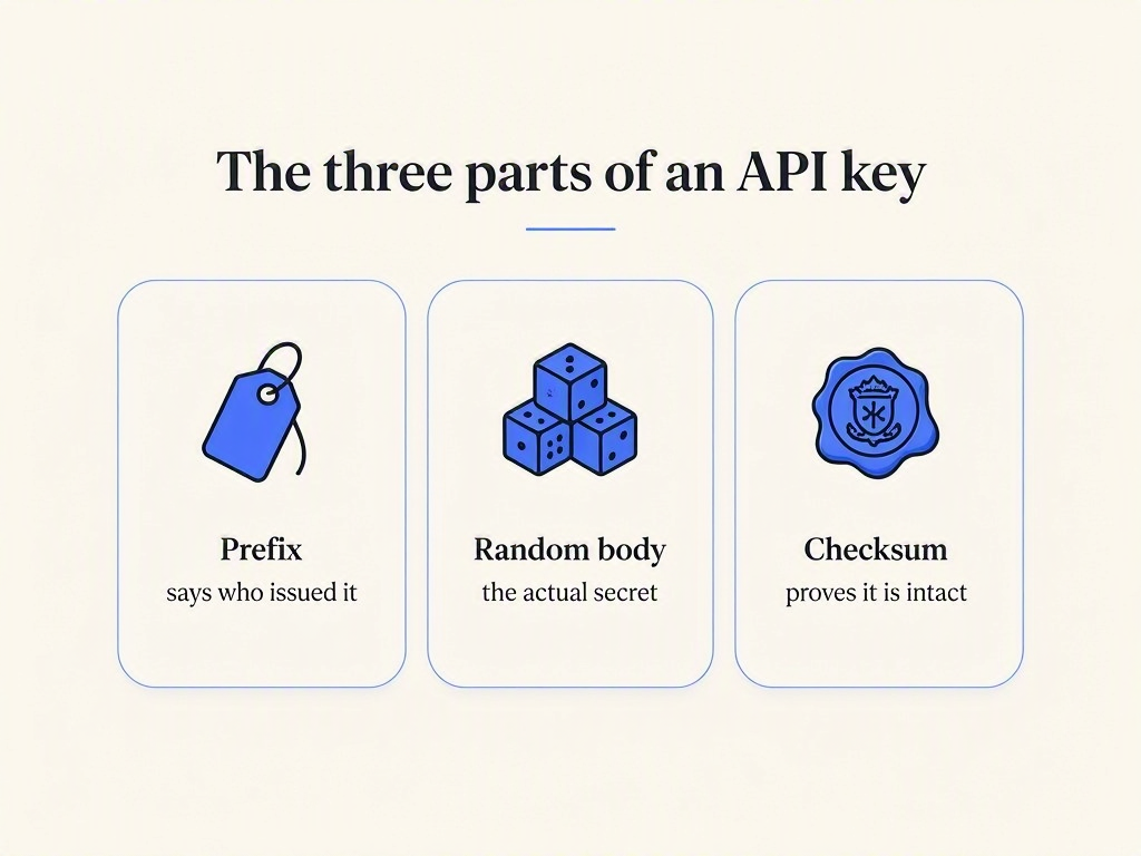 Infographic: the three parts of an API key, showing prefix, random body and checksum as three cards