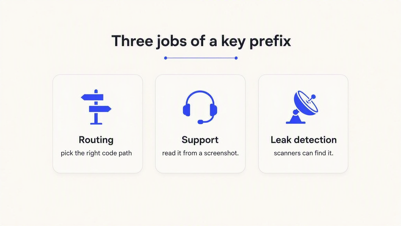 Infographic: three jobs of a key prefix, routing, support triage and leak detection