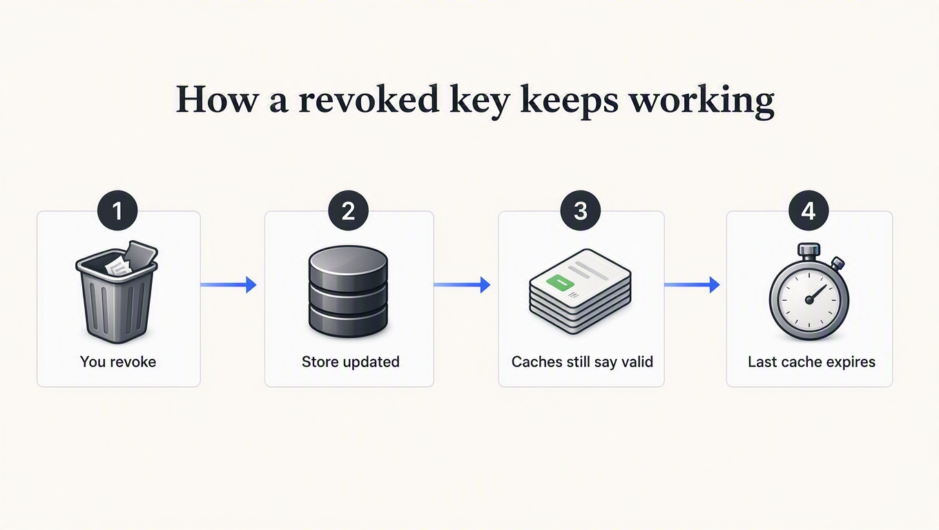 Four-step diagram: you revoke, store updated, caches still say valid, last cache expires