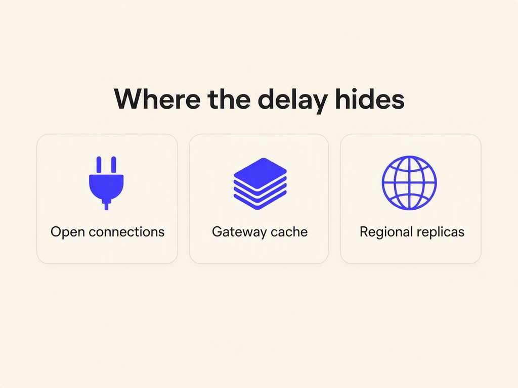 Infographic titled Where the delay hides, showing three cards: open connections, gateway cache, regional replicas