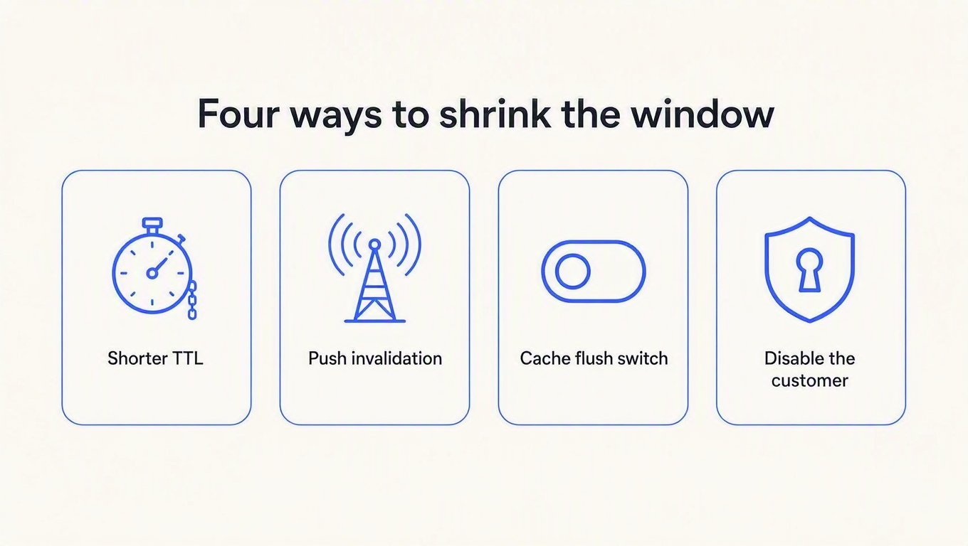 Infographic titled Four ways to shrink the window: shorter TTL, push invalidation, cache flush switch, disable the customer