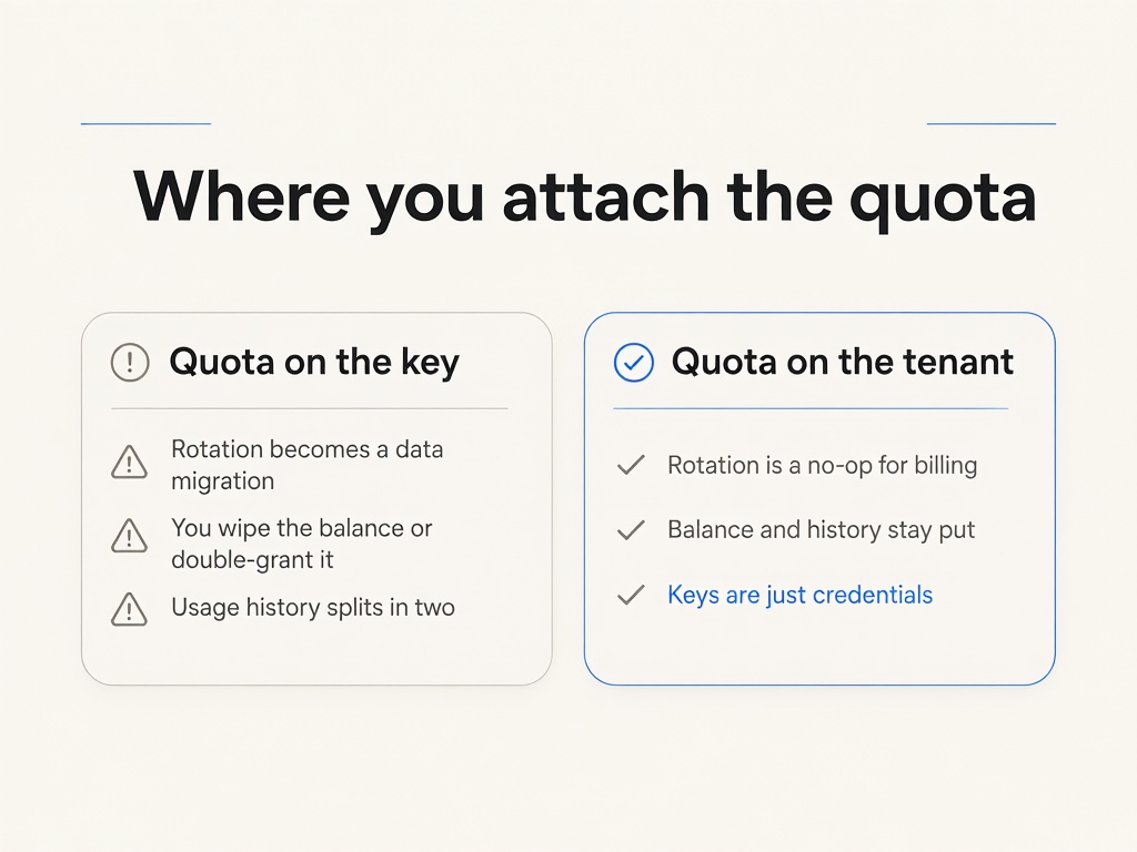 Comparison of attaching quota to the key versus the tenant: on the key, rotation forces a balance migration; on the tenant, rotation leaves the balance untouched.