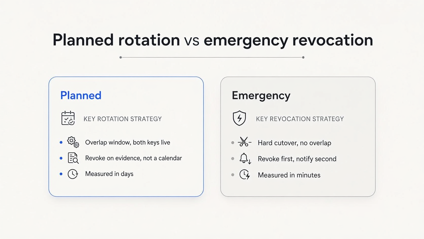 Planned rotation versus emergency revocation: planned uses an overlap window and revokes on evidence over days; emergency is a hard cutover measured in minutes.