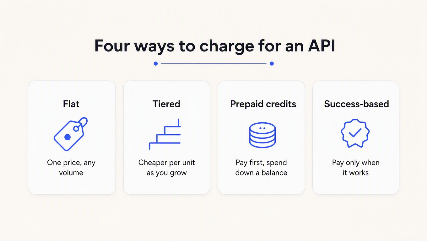 Infographic comparing four API pricing models: flat, tiered, prepaid credits and success-based, each with a one-line description
