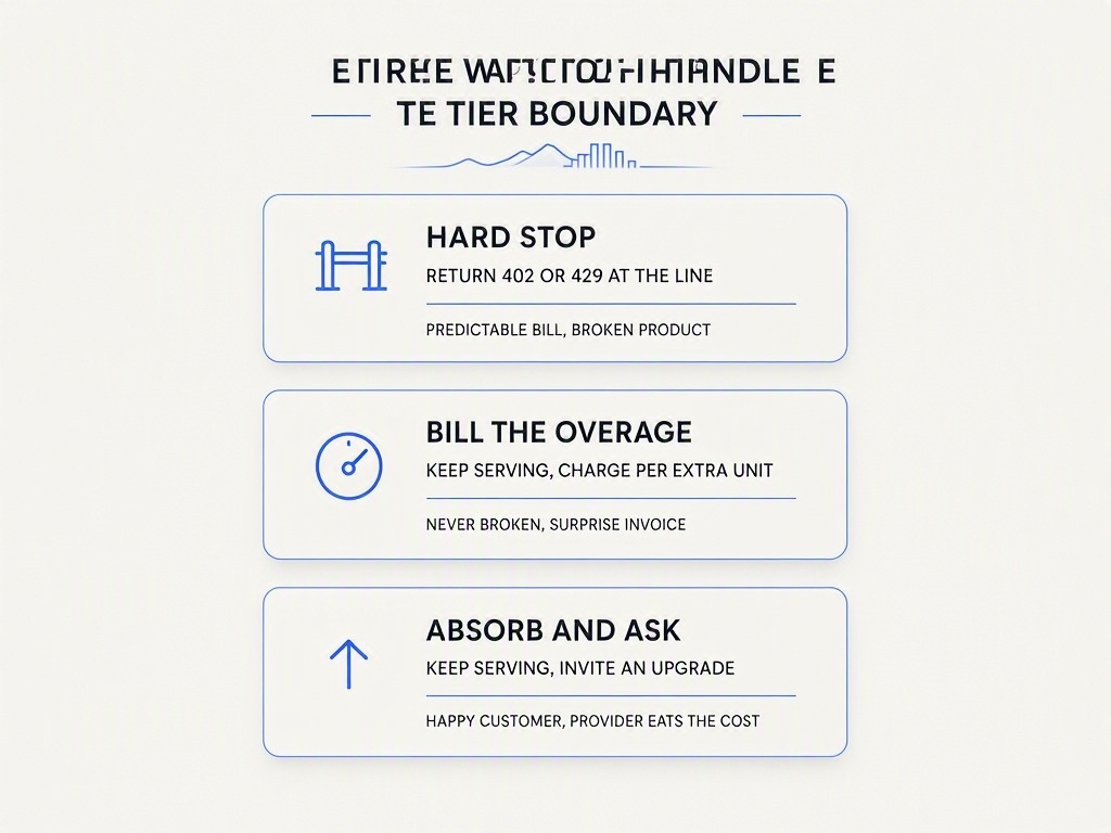 Infographic showing three ways to handle a pricing tier boundary: hard stop, bill the overage, or absorb and ask for an upgrade