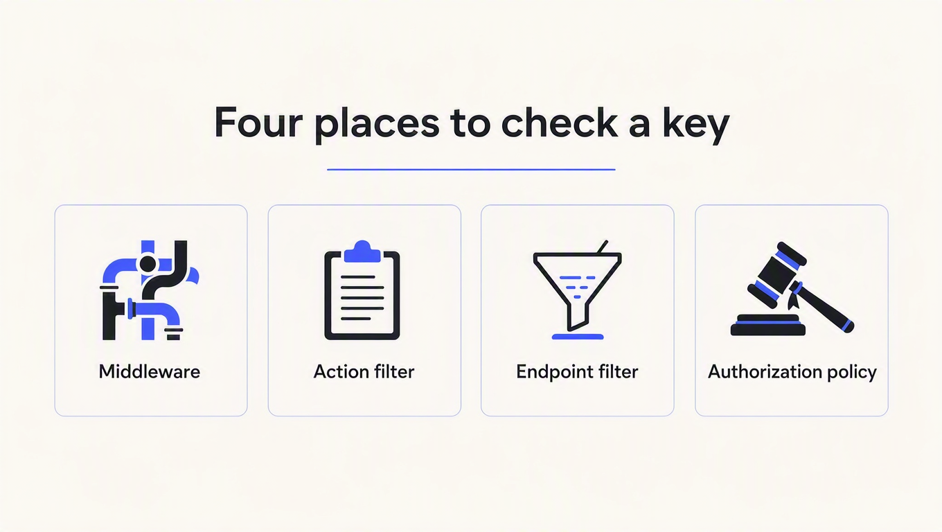 Infographic showing four places an API key check can live in ASP.NET Core: middleware, action filter, endpoint filter, and authorization policy