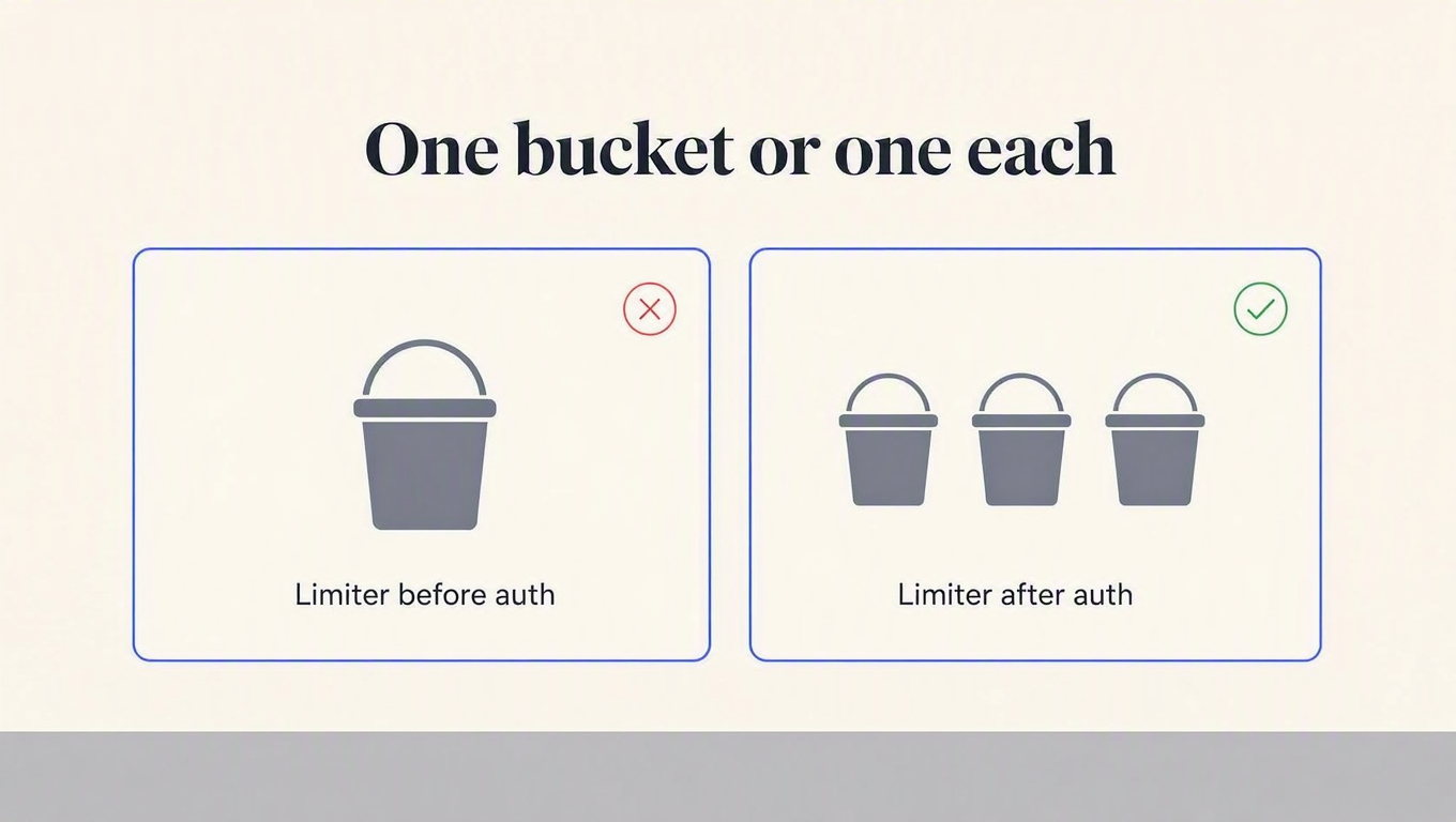 Two panels: a limiter placed before auth gives one shared bucket, a limiter placed after auth gives one bucket per consumer
