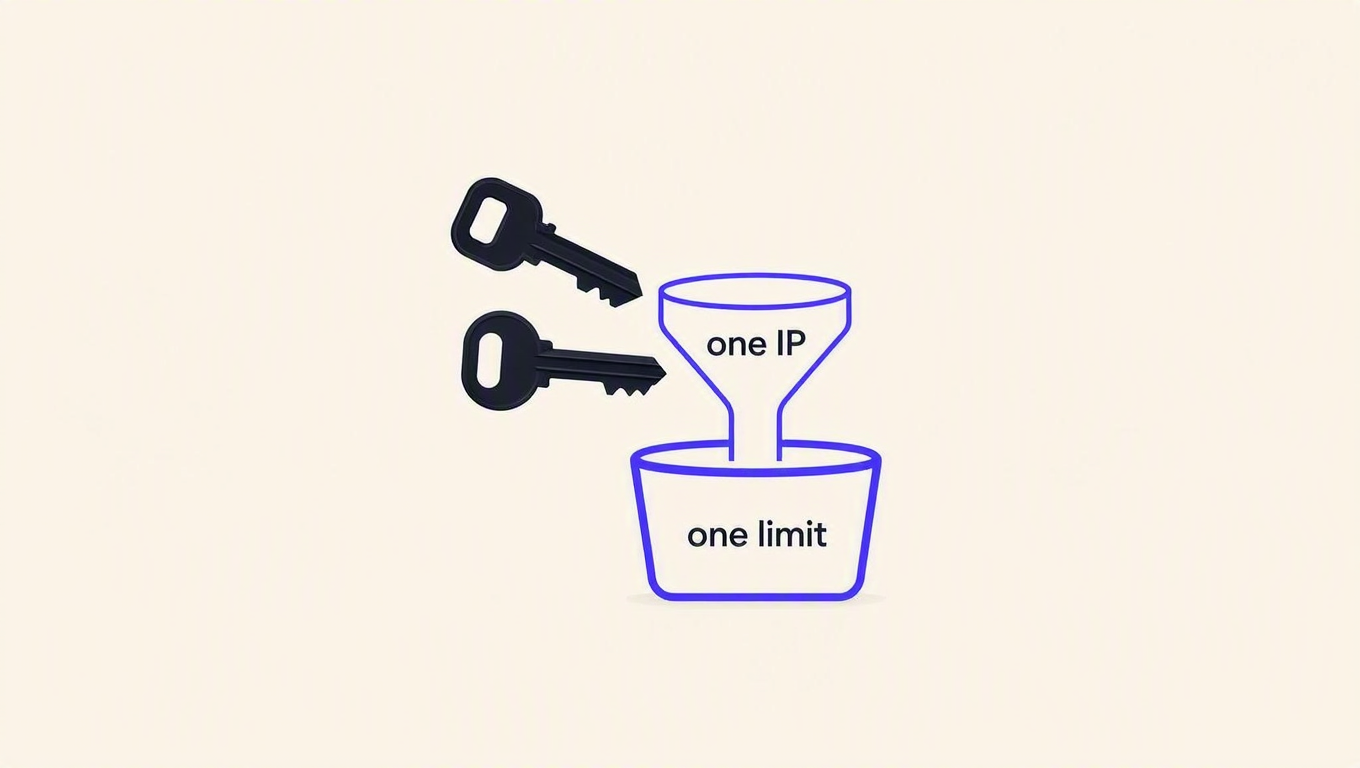 Diagram: two different API keys funnel through one IP address into a single shared rate limit bucket