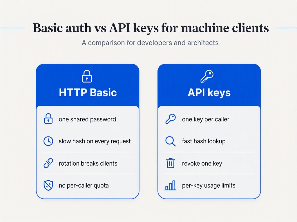 Two-column comparison: HTTP Basic has one shared password, a slow hash on every request, rotation that breaks clients, and no per-caller quota; API keys have one key per caller, fast hash lookup, single-key revocation, and per-key usage limits