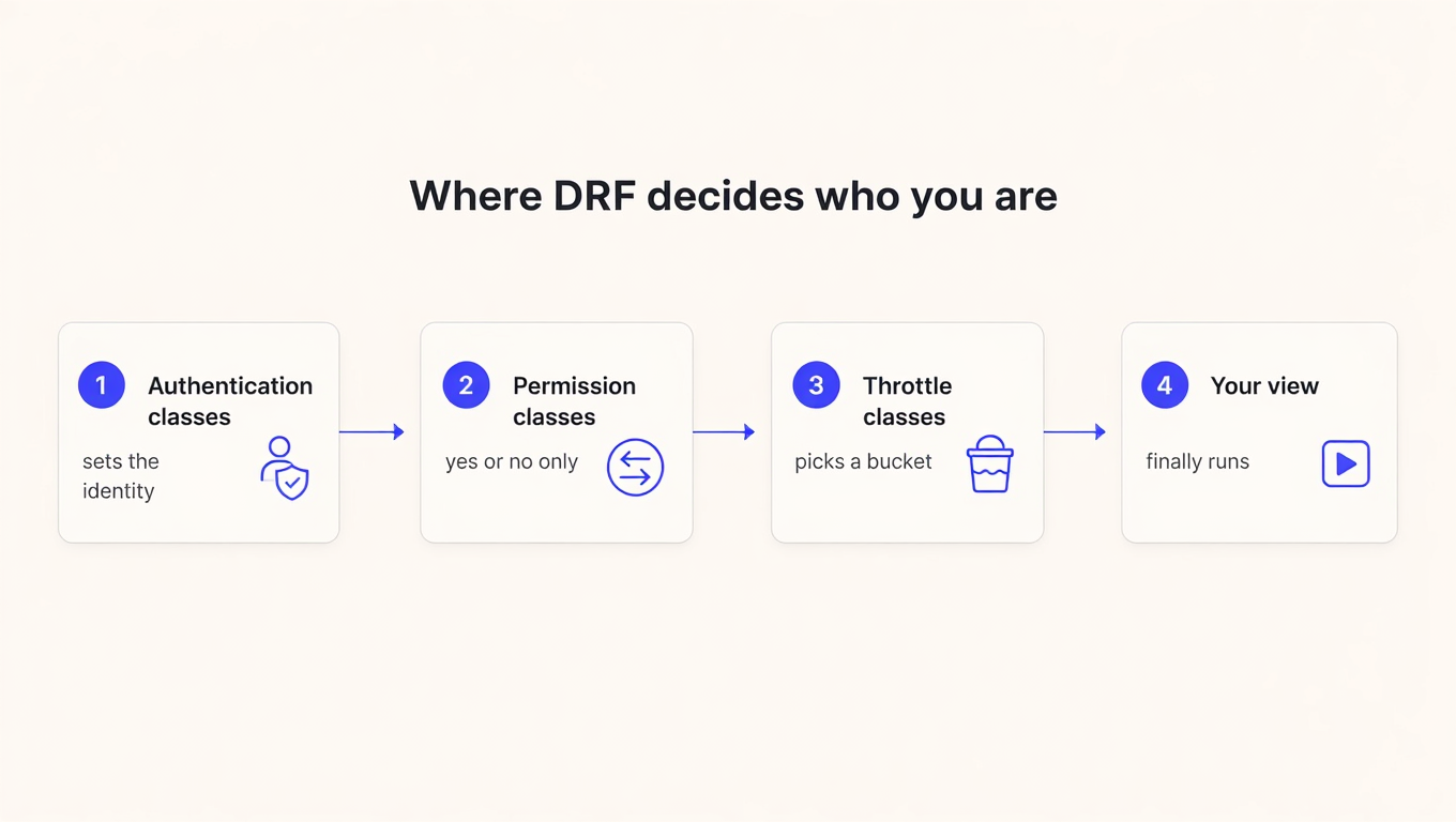 Four-step diagram of the DRF request path: authentication classes set request.user, permission classes return only a boolean, throttle classes read request.user to pick a bucket, then the view runs