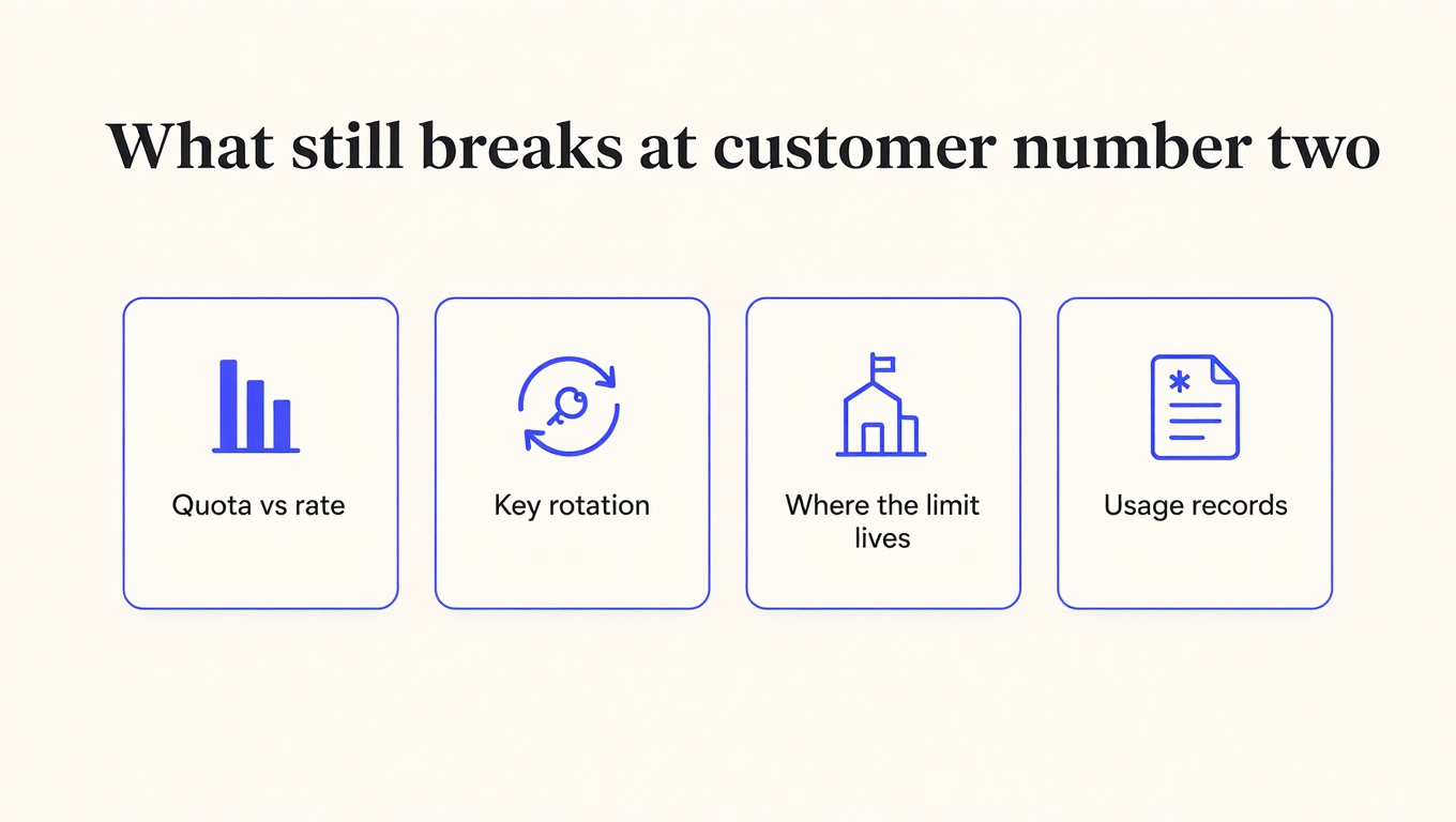 Infographic of four remaining problems after identity is fixed: quota versus rate, key rotation, where the limit lives, and durable usage records