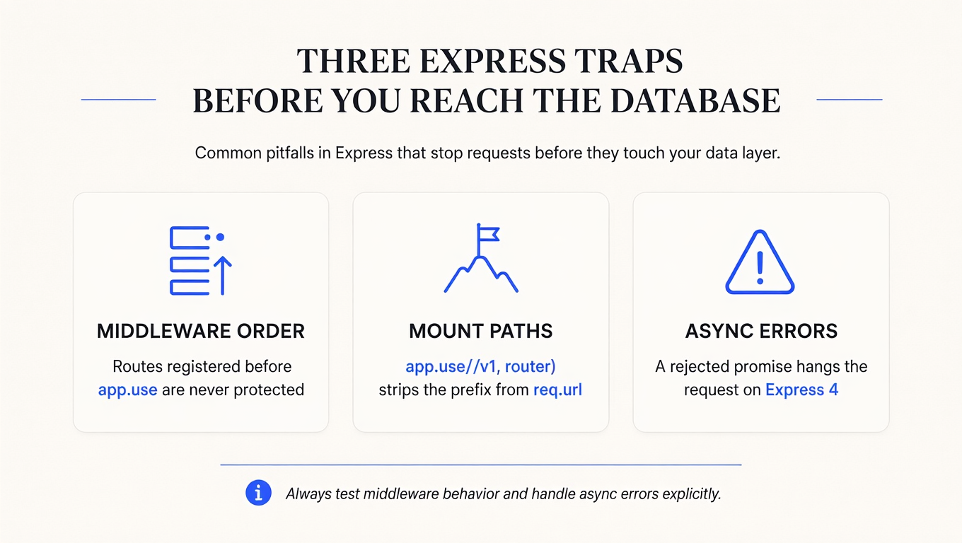 Infographic: three Express traps before you reach the database, covering middleware order, mount paths, and async errors