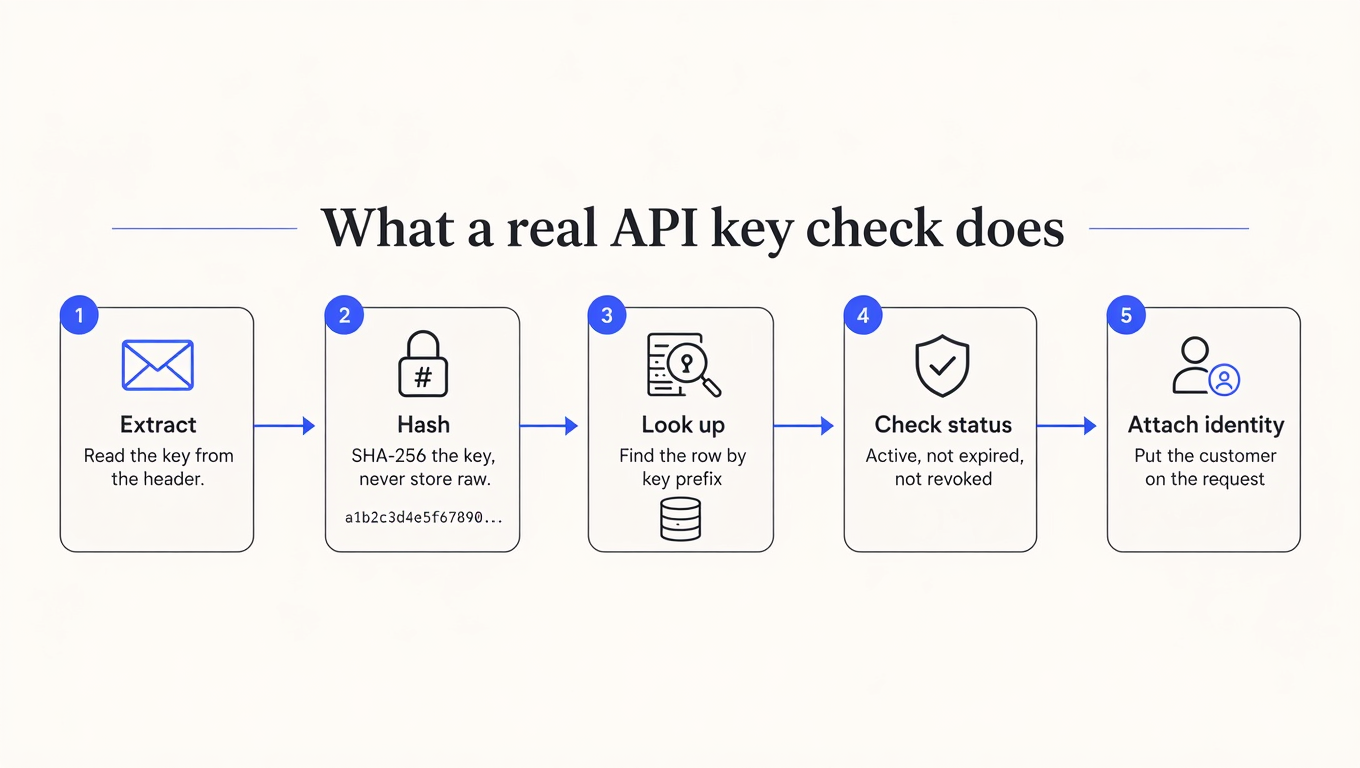 Five-step diagram: extract the key, hash it, look up the row by prefix, check status, attach identity to the request