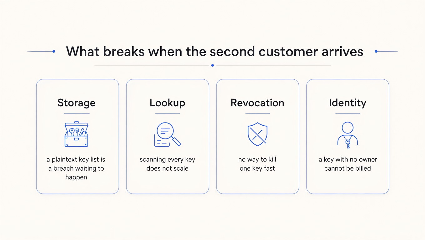 Infographic showing the four things that break when a second API customer arrives: storage, lookup, revocation and identity