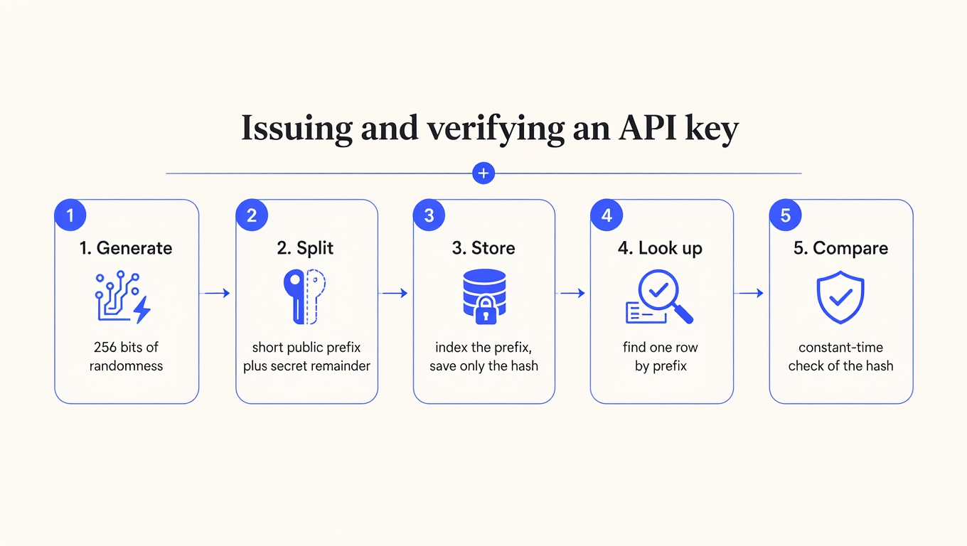 Five-step diagram: generate, split into prefix and secret, store the hash, look up by prefix, constant-time compare