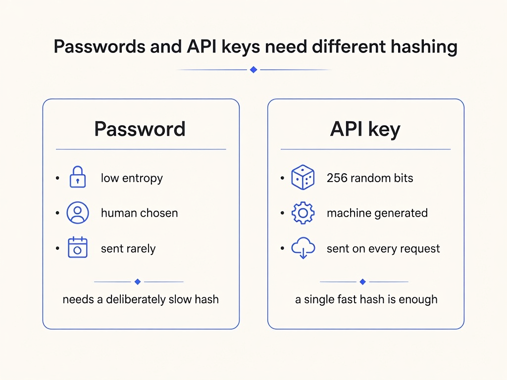 Side-by-side comparison of password hashing and API key hashing requirements