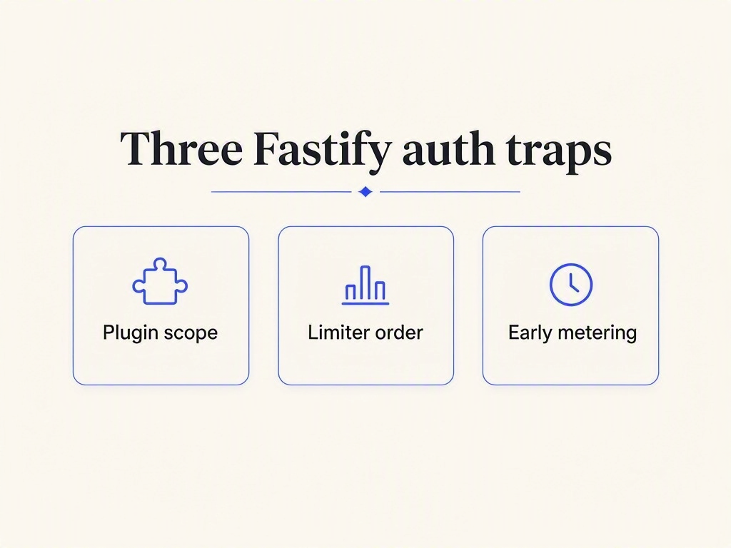 Three Fastify auth traps: plugin scope, limiter order, and early metering