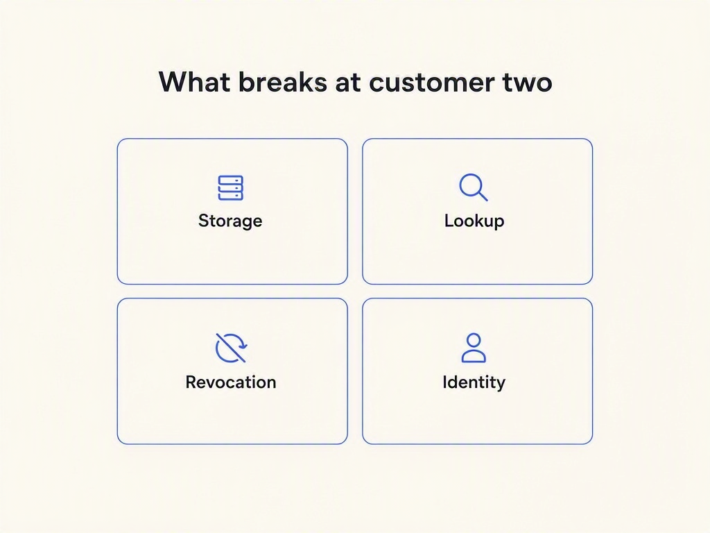 Four things that break at customer two: storage, lookup, revocation, identity