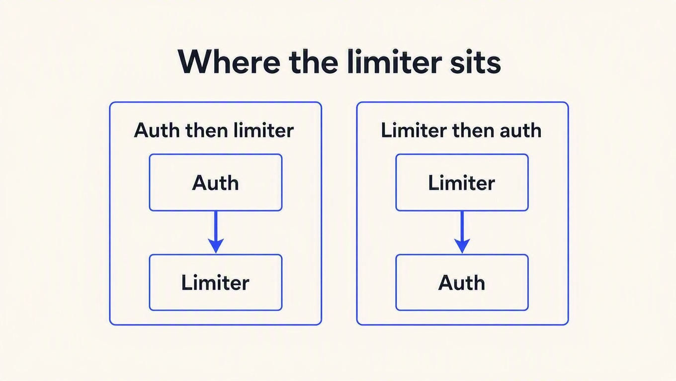 Diagram comparing auth-then-limiter ordering with limiter-then-auth ordering