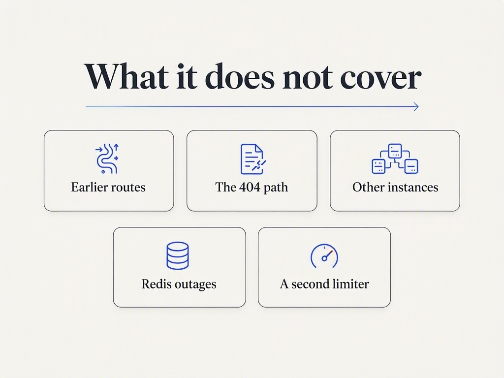 Infographic listing five things @fastify/rate-limit does not cover: earlier routes, the 404 path, other instances, Redis outages, and a second limiter