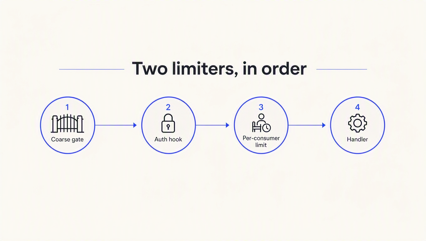 Diagram of the request order: coarse gate, auth hook, per-consumer limit, then handler