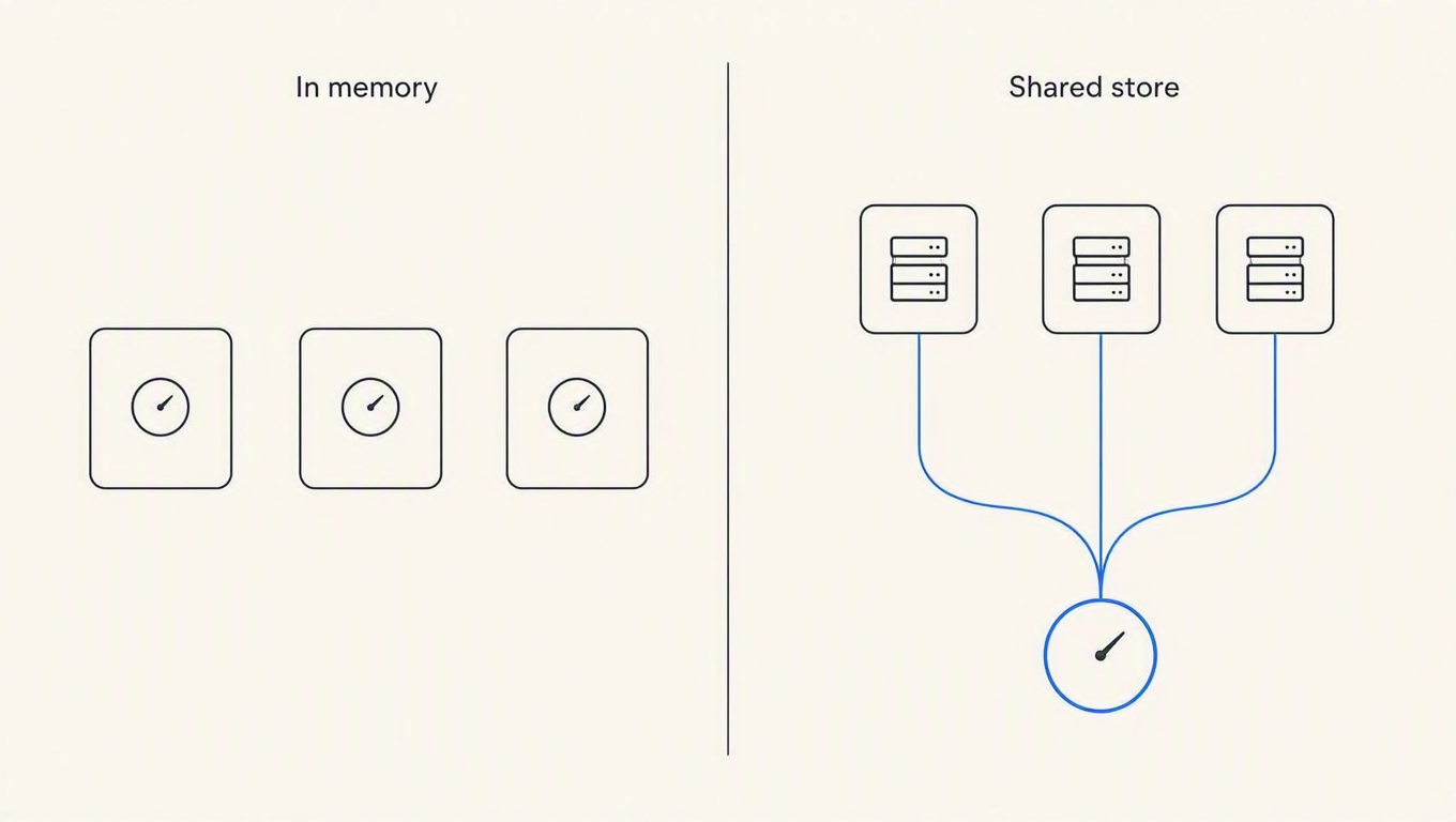 Diagram comparing three isolated in-memory counters against three instances sharing one counter