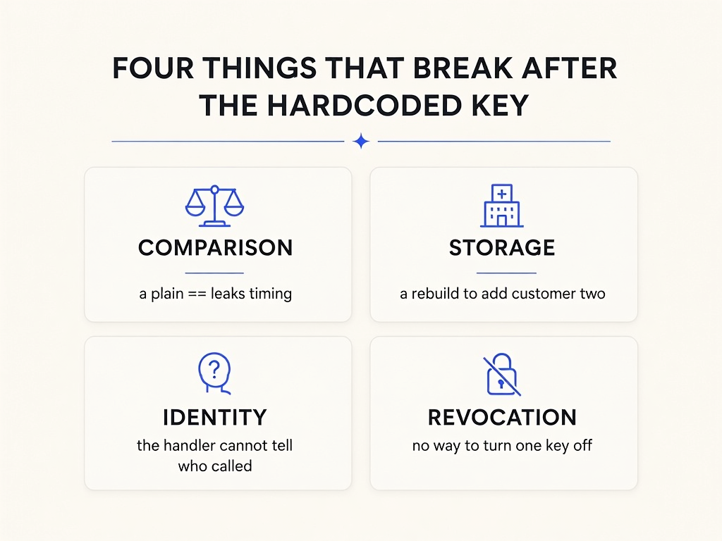 Infographic of four things that break after the hardcoded key: comparison leaks timing, storage needs a rebuild, the handler cannot tell who called, and there is no way to revoke one key