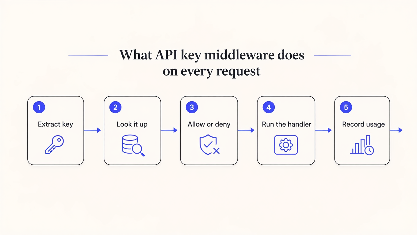 Five-step diagram of what API key middleware does on every request: extract the key, look it up, allow or deny, run the handler, record usage