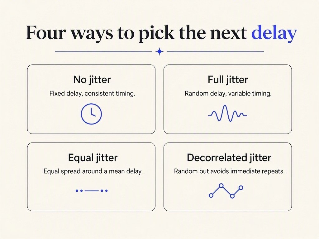 Infographic comparing four backoff strategies: no jitter, full jitter, equal jitter and decorrelated jitter