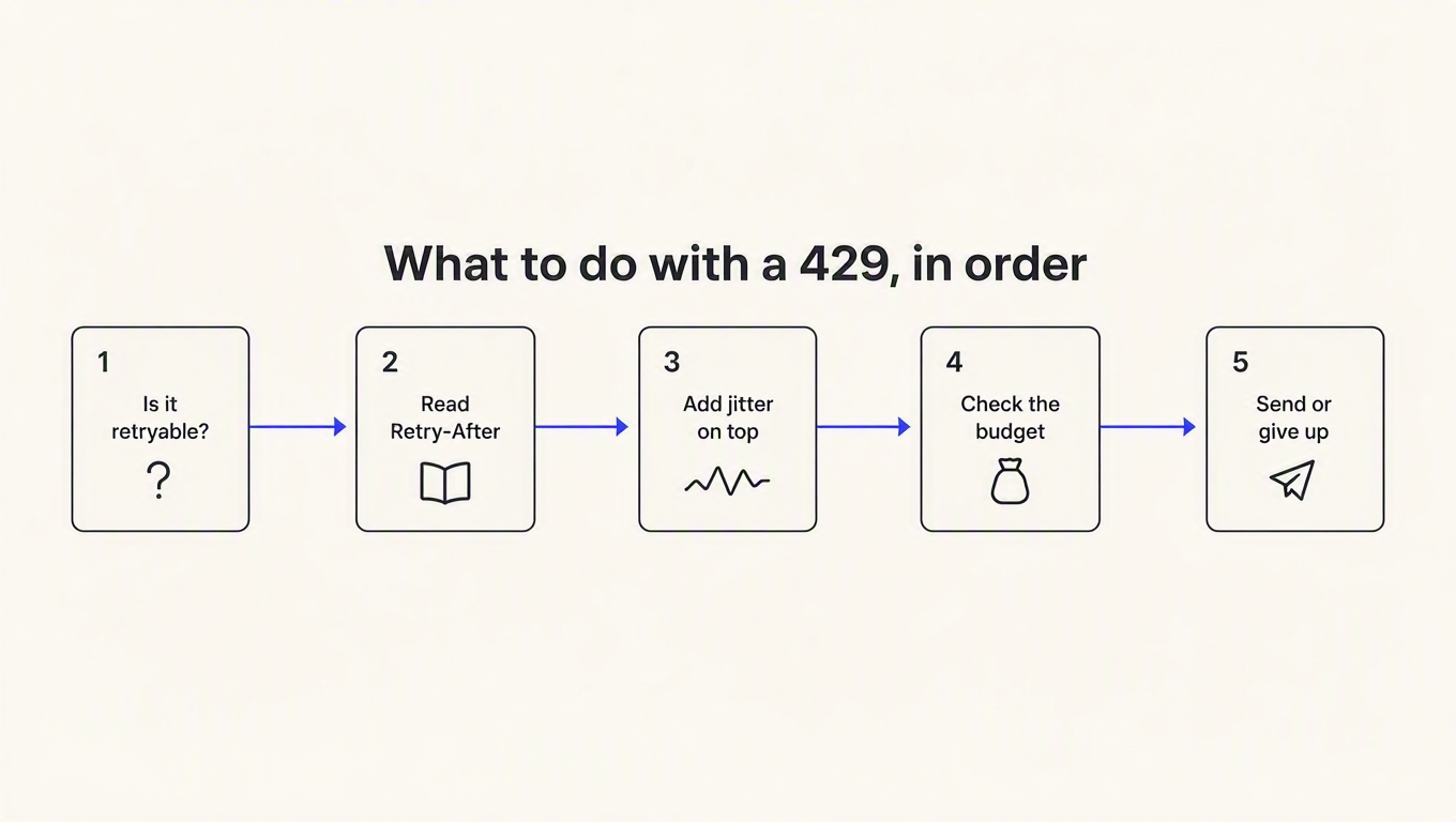 Five-step diagram of handling a 429 response: check if it is retryable, read Retry-After, add jitter on top, check the retry budget, then send or give up
