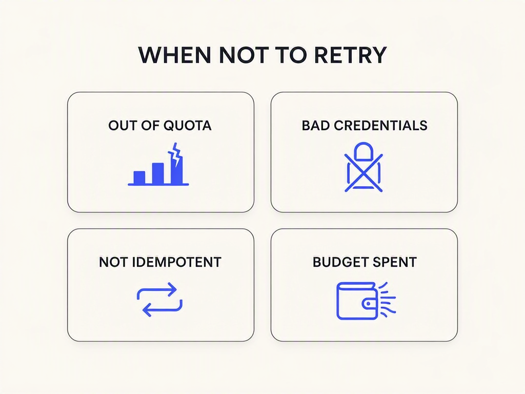 Infographic of four cases where retrying is wrong: out of quota, bad credentials, non-idempotent request, and exhausted retry budget