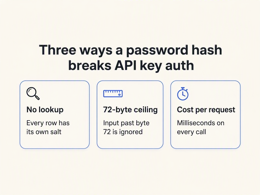 Infographic: three ways bcrypt breaks API key authentication, covering no lookup, the 72-byte ceiling, and cost per request