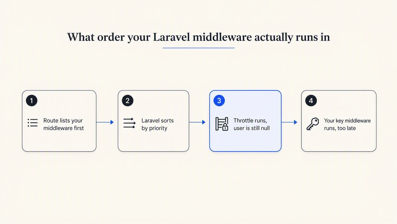 Diagram of Laravel middleware execution: the route lists your middleware first, Laravel sorts by priority, throttle runs while the user is still null, and the key middleware runs too late