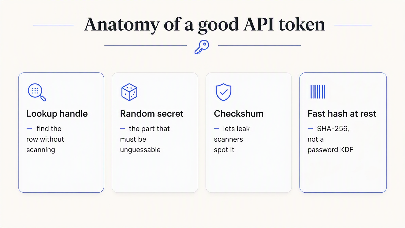 Infographic breaking an API token into four parts: lookup handle, random secret, checksum, and a fast hash at rest