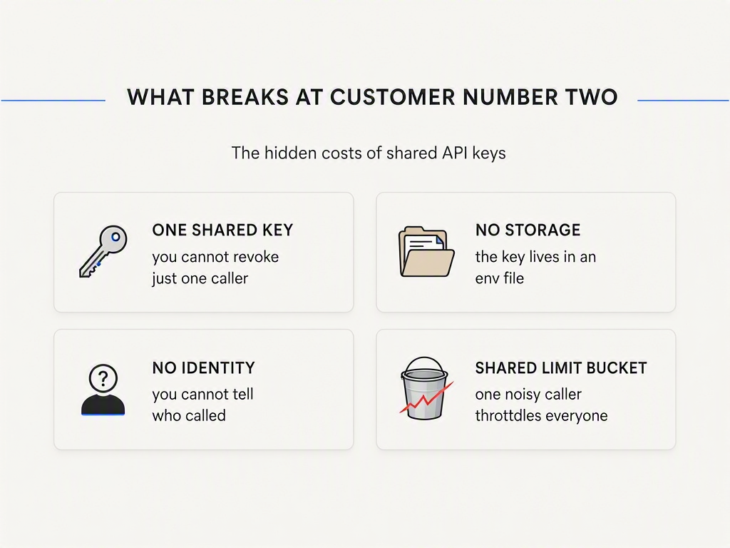 Infographic showing four failures of a single environment-variable API key: one shared key, no storage, no identity, and a shared rate limit bucket