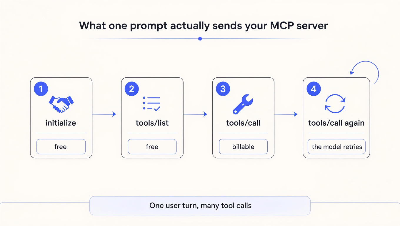Diagram of one user prompt expanding into initialize, tools/list, and repeated tools/call messages, with only tools/call marked billable