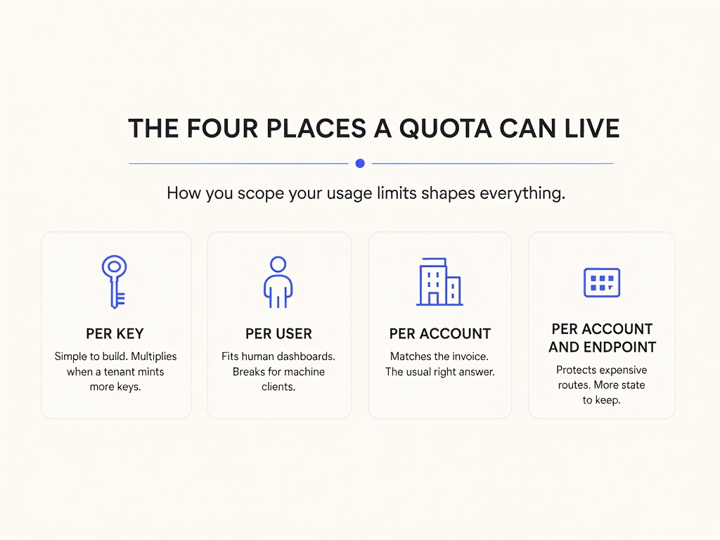 Infographic comparing four quota levels: per key, per user, per account, and per account and endpoint, each with a one-line trade-off