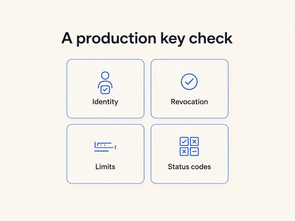 Infographic: a production API key check needs identity, revocation, limits and distinct status codes