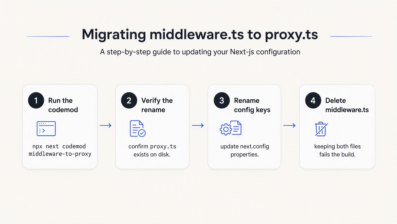 Four-step diagram of the middleware.ts to proxy.ts migration: run the codemod, verify the rename, rename config keys, delete middleware.ts