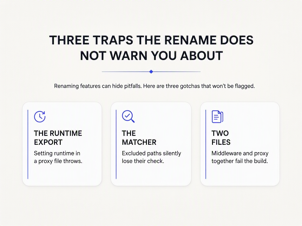 Infographic of three migration traps: the runtime export throws, matcher gaps silently drop checks, and keeping both files fails the build