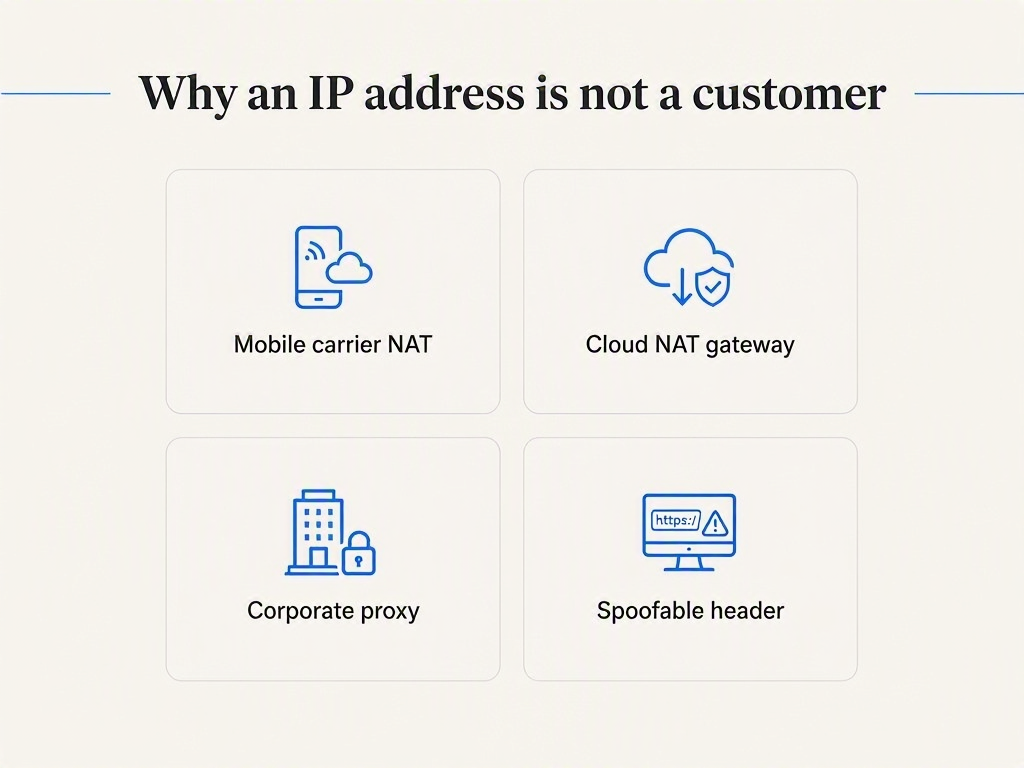 Infographic listing four reasons an IP address does not identify a customer: mobile carrier NAT, cloud NAT gateway, corporate proxy, and spoofable header
